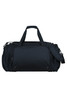 A black duffle bag with multiple zipped compartments and a detachable shoulder strap, featuring a logo.