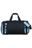 A black duffle bag with light blue accents and a shoulder strap, featuring multiple compartments and a logo.