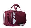 A maroon duffle bag with white detailing, featuring a side mesh pocket and detachable shoulder strap.