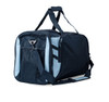 A dark blue and light blue duffle bag with multiple compartments and a shoulder strap. It has a logo.