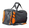 A duffle bag in grey with orange accents, featuring a mesh pocket and adjustable shoulder strap. It includes a logo.