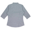 A 3/4 sleeve, button-up shirt in a checked pattern, featuring a collar and no visible front design.