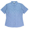 A short-sleeve, button-up shirt featuring a blue gingham pattern. The shirt has a collar and a logo.