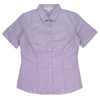 A short sleeve, button-up shirt in a purple and white check pattern, featuring a collar and a logo.