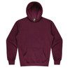 A maroon kids' hoodie featuring a front pocket and a large hood. The hoodie includes a logo on the inside label.