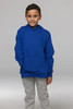 A blue kids hoodie with a front pocket, worn by a young boy standing against a neutral background.
