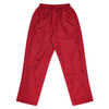 Red track pants with an elastic waistband and a side pocket, featuring a logo on the front.