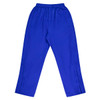 Blue children's trackpants with an elastic waistband and side pockets, featuring a logo.