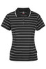A black and white striped polo shirt featuring a collar and short sleeves, with a logo on the side.