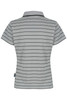 A polo shirt in grey with alternating thin black stripes and a collar, featuring a logo on the side.