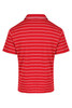 A red polo shirt with white horizontal stripes and a collar, featuring a logo on the back.