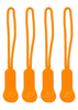 Four orange zip puller accessories with textured grips, each featuring a logo.