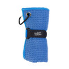 A blue travel towel neatly rolled and secured with a strap, featuring a clip for easy attachment.