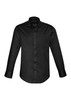 A black long sleeve shirt featuring a button-up design and a chest pocket. It has a logo on the chest.