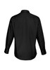 A black long-sleeve shirt with a collared neckline and buttoned cuffs, featuring a logo.