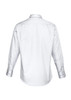 A white long sleeve shirt with a classic collar and buttoned cuffs, featuring a logo on the back.
