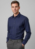 A men's long sleeve button-up shirt in navy blue, featuring a smooth fabric and a logo.