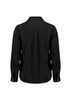 A black long sleeve shirt with a collar and buttoned cuffs, featuring a pleated back design.
