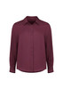 A button-up shirt in deep burgundy with long sleeves and a collar, featuring front buttons and a subtle logo.