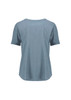A blue women's short sleeve blouse with a textured finish and a relaxed fit, featuring a logo.