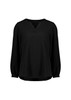 A black women's long sleeve blouse with a V-neck and gathered sleeves, featuring a subtle logo.
