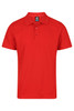 A red polo shirt with a collar and three buttons, featuring a logo on the chest.