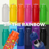 A drink bottle collection featuring various colours including white, yellow, pink, and black, with a logo on each.