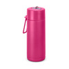 A drink bottle in a vibrant pink colour with a flip lid and a carrying handle, featuring a visible logo.