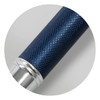 A metal pen with a textured dark blue grip and a silver detailing at the end.