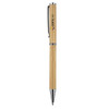 A bamboo pen with a silver clip and accents, featuring a logo on its barrel.