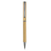 A bamboo pen with metallic accents, featuring a sleek design and a silver clip.