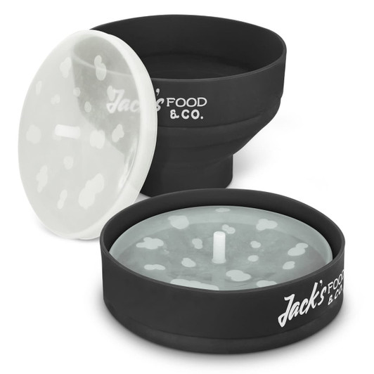 A black silicone microwave popcorn popper with a transparent lid, featuring a logo.