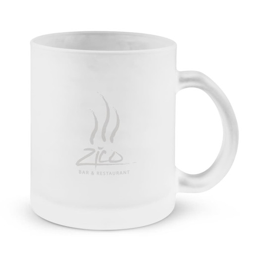 A Venetian glass coffee mug with a frosted finish and a logo printed on the front.