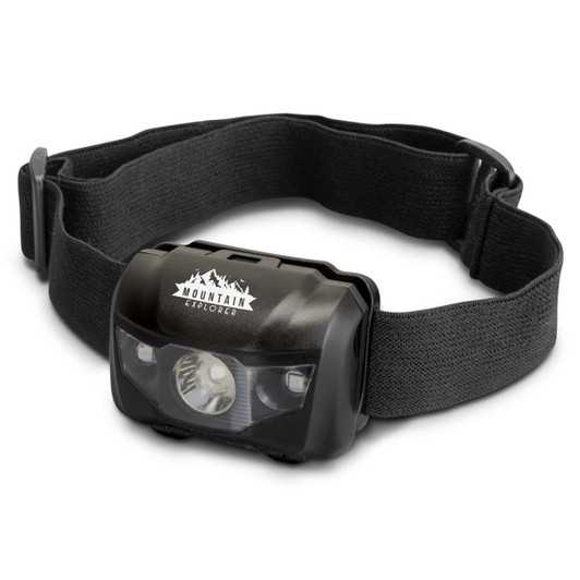 A black headlamp torch with an adjustable strap, featuring a branding logo on the front.