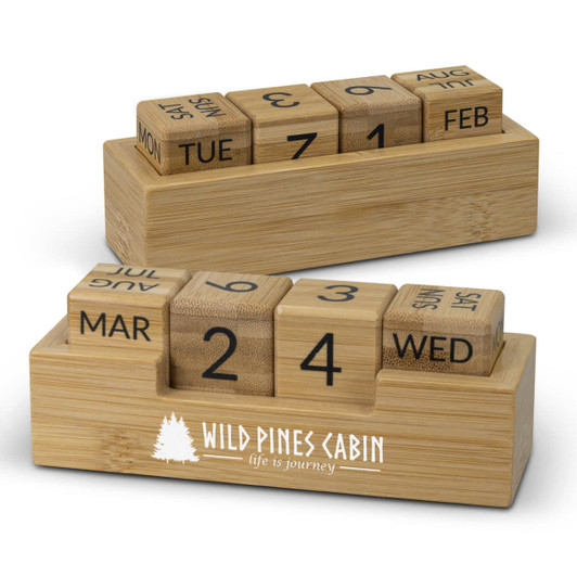 A bamboo desk calendar featuring wooden blocks for days and months, with a logo displayed on the base.