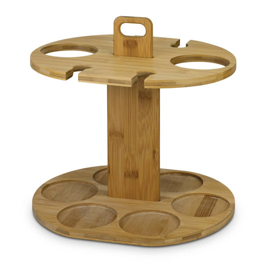 A bamboo wine rack with circular holders for bottles and glasses, showcasing a natural wood finish.