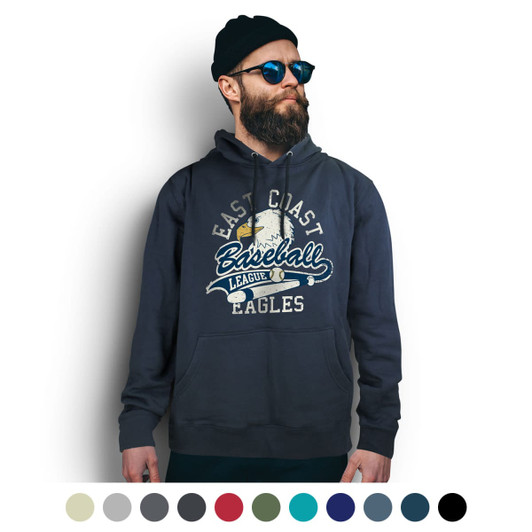 A unisex navy hoodie featuring a logo and graphic design, worn by a bearded man with sunglasses and a beanie.