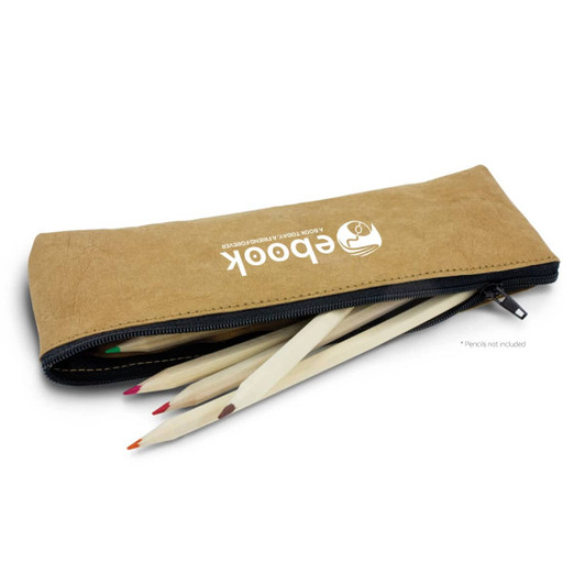 A brown pencil case with a zip, partially open, revealing unsharpened coloured pencils inside. It features a logo.