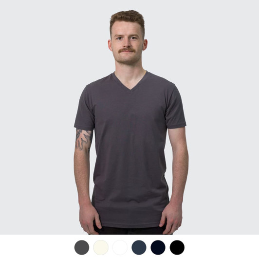 A men's V-neck T-shirt in dark grey with short sleeves, featuring a subtle logo. Available in multiple colours.