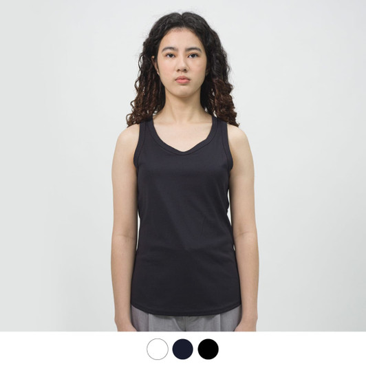 A black women's sports tank top is displayed, featuring a simple design and a logo.