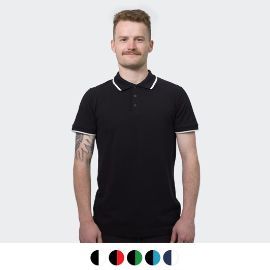 A black men's polo shirt with contrasting collar and sleeve trim, displayed on a model. Features a logo.