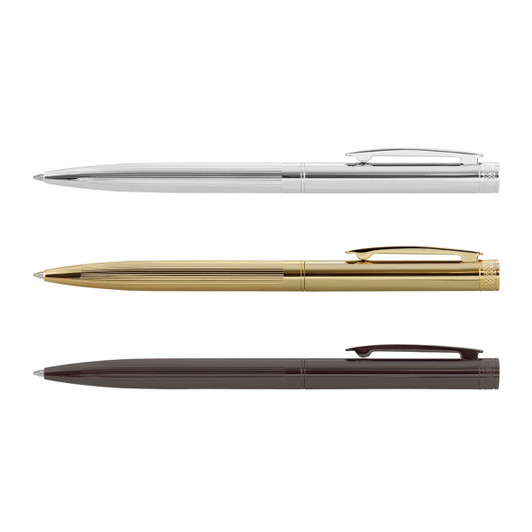 Three metal pens in silver, gold, and black, featuring sleek designs and clip attachments. The pens have a polished finish.