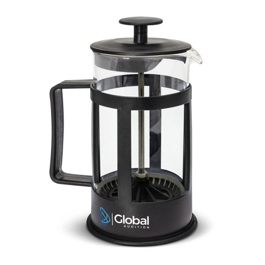 A small glass coffee plunger with a black plastic handle and base, featuring a logo.