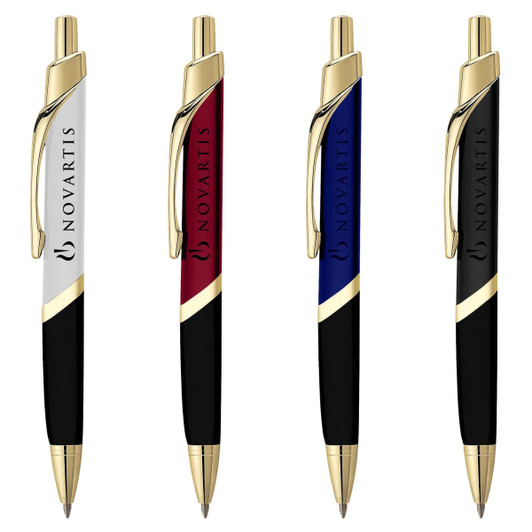 A set of four metal pens in white, red, blue, and black, featuring gold accents and a logo.