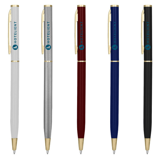 Set of four metal pens in white, silver, burgundy, navy, and black, featuring a logo on each.