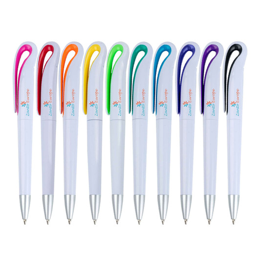 A collection of plastic pens in white with colourful grips in red, orange, yellow, green, blue and purple, featuring a logo.