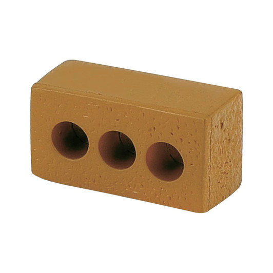 A yellow stress brick featuring three circular indentations, designed as a stress-relief toy. It has a basic branding logo.