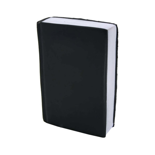 A black stress book shaped like a closed book with white pages, featuring a logo on the cover.
