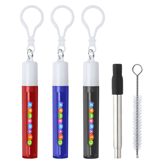 Retractable metal straws in red, blue, and black cases, with a cleaning brush included and a clip for attachment.