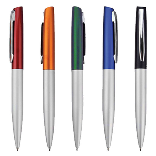 A collection of five metal pens in red, orange, green, blue, and black, featuring a silver body and clip.